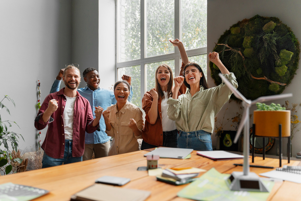 Uma equipe de trabalho feliz e produtiva com o projeto de melhorias no ambiente de trabalho - Santo Caos